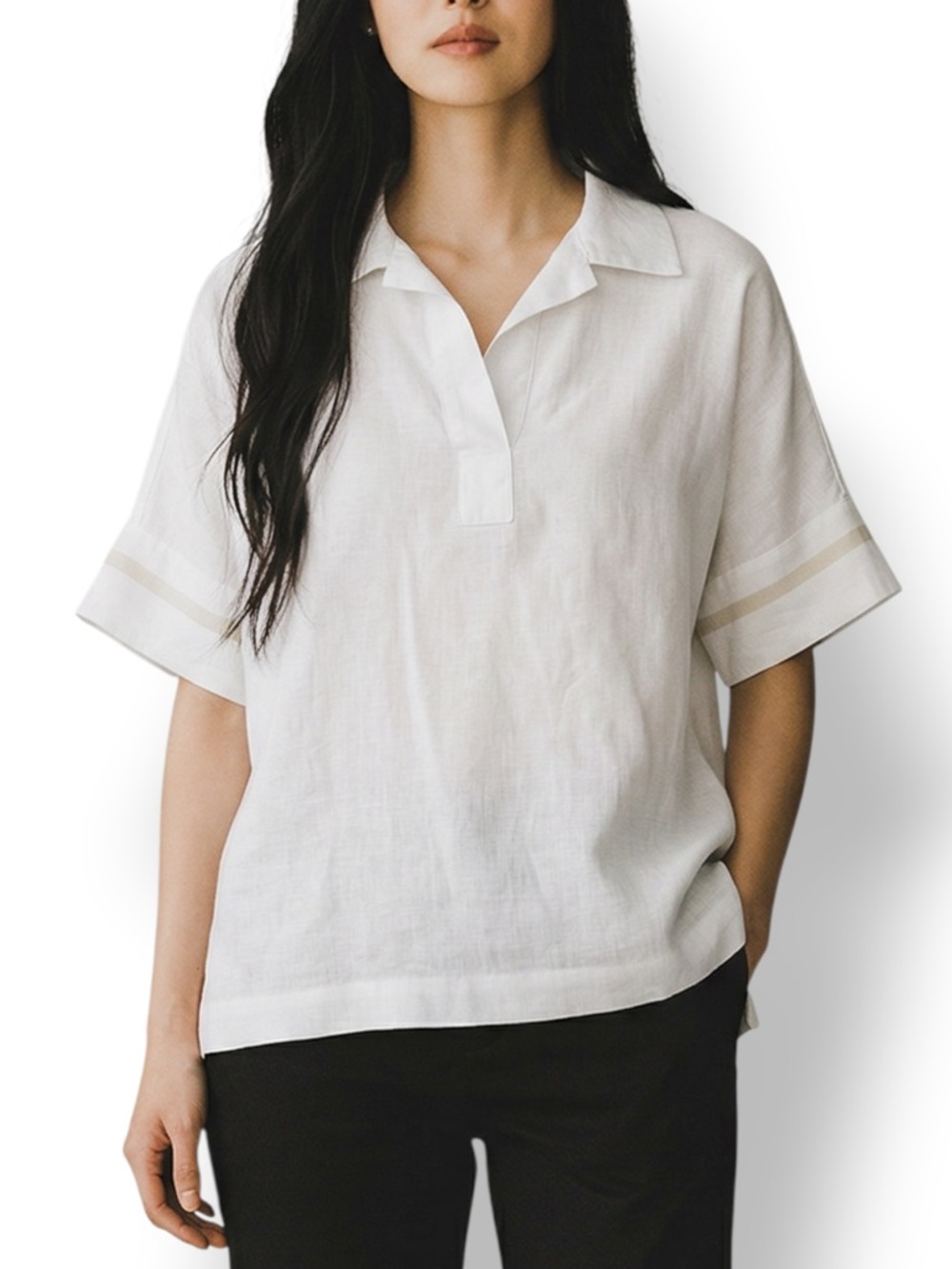 4/$20 Linen Polo Blouse White Oversized Short Sleeve Popover Shirt US M L Faveur